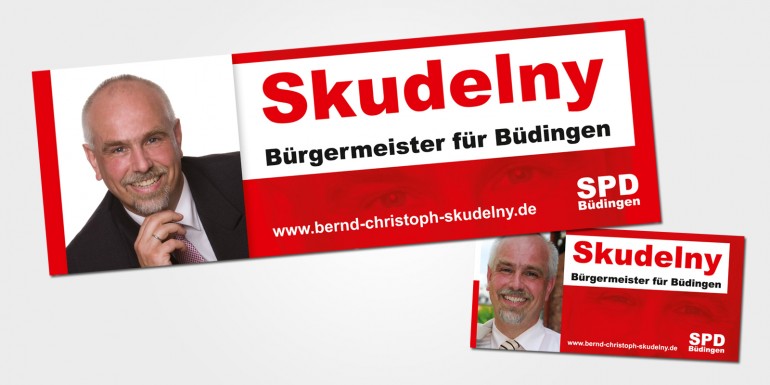 SPD Büdingen: Anlässlich einer Bürgermeisterwahl wurden Aufkleber und Banner entwicklet und produziert.